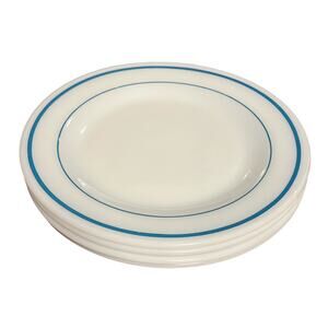 Set of 4 Dinner Plates 9" Anchor Hocking 969 Blue Stripe Milk Glass 60s VTG MCM